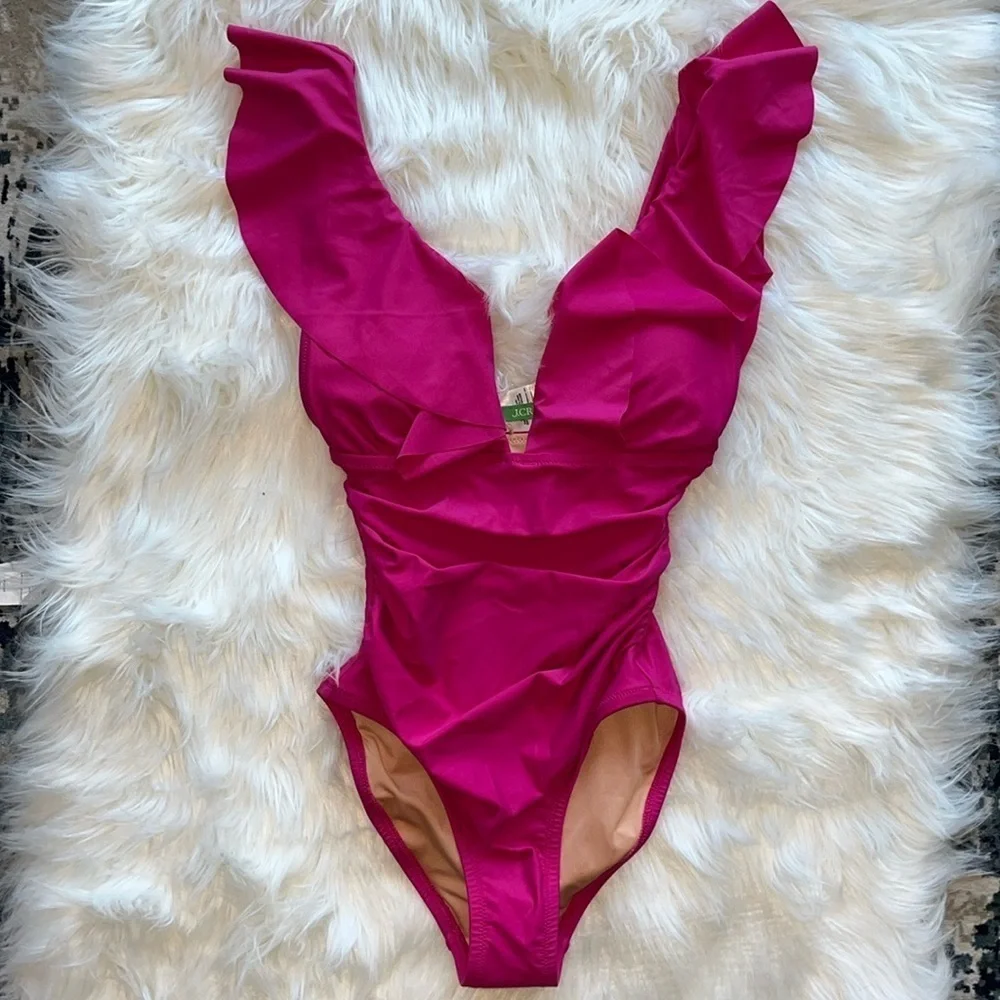 🆕 J Crew Pink Ruched Ruffle One Piece Swimsuit Size 0